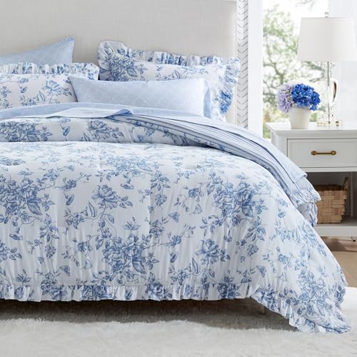 Image of Madison Park Essentials Adele Blue Floral Full Size Comforter Set - Vintage Bed in a Bag with Sheets, Reversible Ruffle Bedding, Elegant Gift for Her