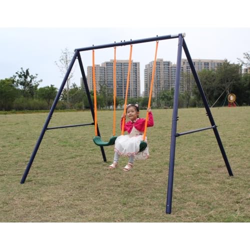 Columpio doble y columpio infantil para jardín para exteriores, estructura de acero con asiento suave antideslizante, para niños de 3 a 8 años, soporta hasta 90 kg, resistente a la intemperie, fácil