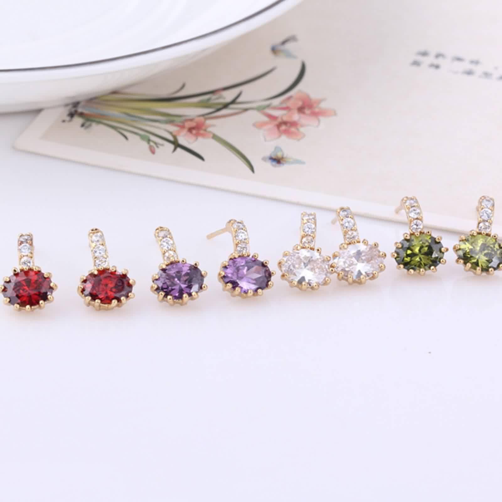 Pendientes para Mujer Oro Amarillo 18 Kilates Amatista Púrpura Ovalada Elegante Pendientes Hipoalergenicos