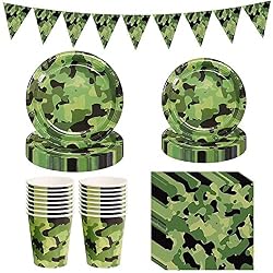 Hoshisea 65 Piezas Camo Party Vajilla, Suministros Fiesta Camuflaje, Platos Banner Papel Servilleta, para Eventos Tema Camuflaje, Cumpleaños Fiesta, Camuflaje Decorar