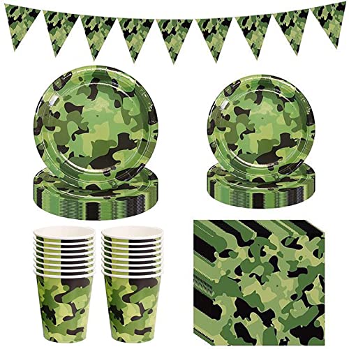 65 Pièces Camouflage Décorations Fête, Assiette Carton Gobelet Serviette, Camo Bannière, pour Camouflage Thème Activité, Anniversaire Garçon, Camouflage Décorer Cover