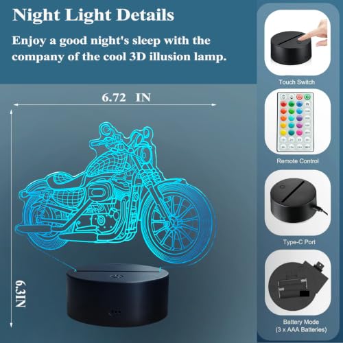 POSSHE Motorcycle Gifts, Motorcycle Night Light, Motorbike 3D Illusion Lamp, 16 Colors Changing, Timer, 4 Flash Modes and Dimmable，LED, Kids Room Decoration, Xmas Birthday Gifts by POSSHE - Used condition - Image 4