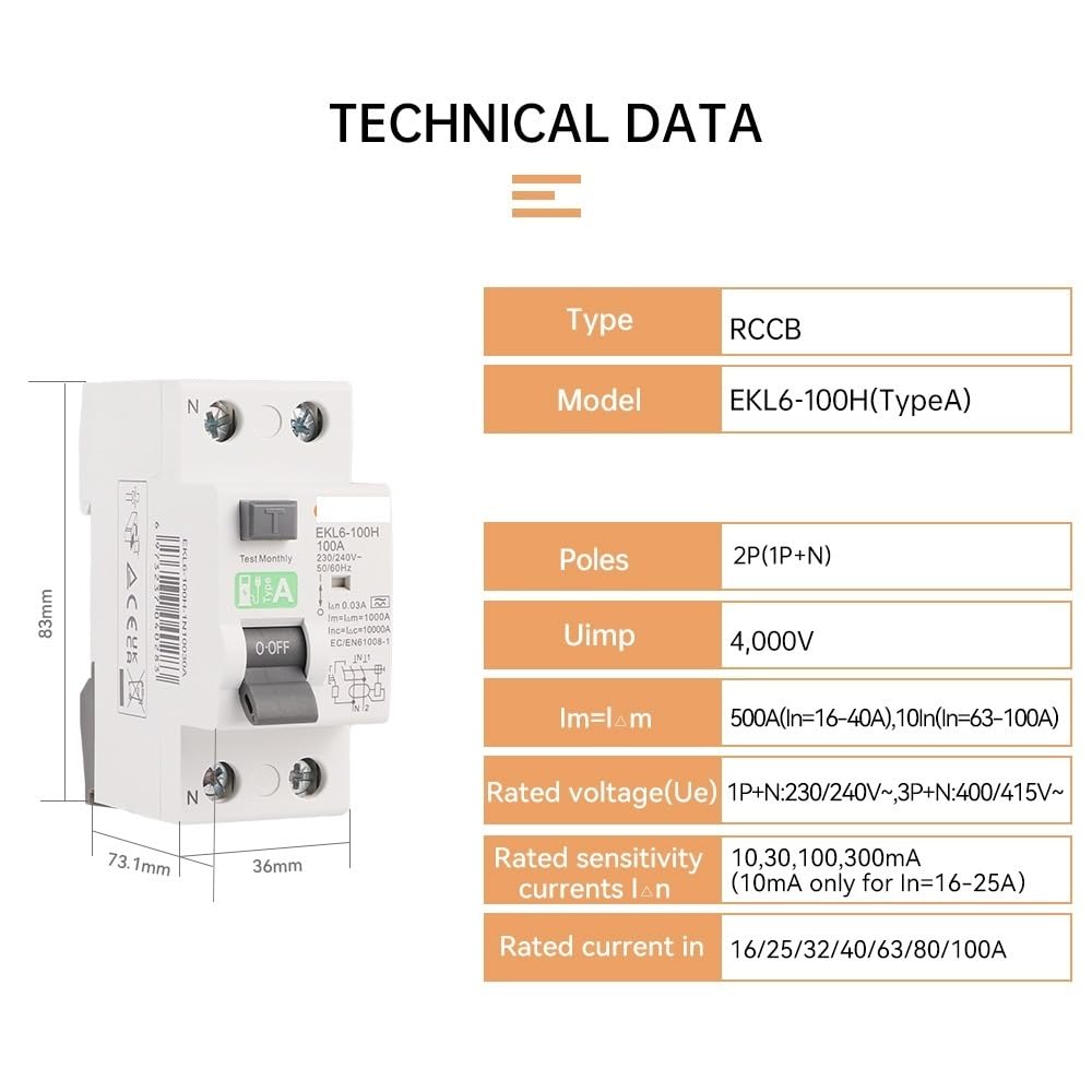 Magnetotermico Interruttore differenziale Tipo A 30mA 2P(1P+N) RCD 25A 32A 40A 63A 10KA EKL6-100H(4,100A)