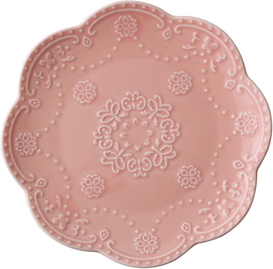 Eplze YBK Tech Elegant Round Embossed Lace Plate, Ceramic Serving Plate for Breakfast Afternoon Tea (Pink, 6-inch)
