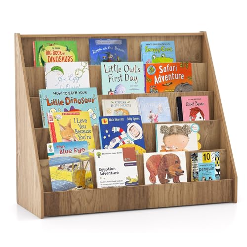 Image of HONEY JOY Kids Bookshelf, 5-Tier Wooden Toddler Bookcase, Children Book Rack & Magazine Display Shelf, Toy Storage Organizer, Book Shelf for Kids Rooms, Playroom, Nursery, Classroom (Natural)