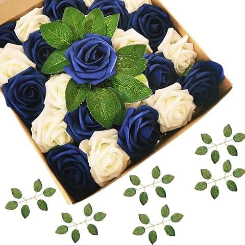 cosybeau Royal Blue and White Roses Artificial Flowers 50 PCS Fake Rose Flower Heads for DIY Bouquets Wedding Decorations Centerpieces Arrangements Party Home Decor (Royal Blue+Ivory) Cover