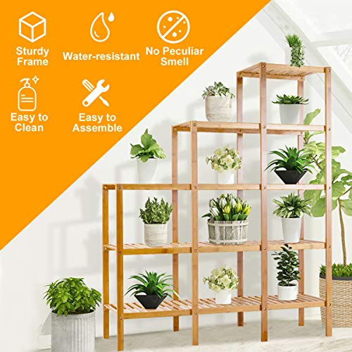 COSTWAY Bamboo Shelf Bathroom, Multifunctional 5-Tier Bamboo Plant Stand, Storage Organizer Rack, Plant Display Stand with Several Storage Cabinet