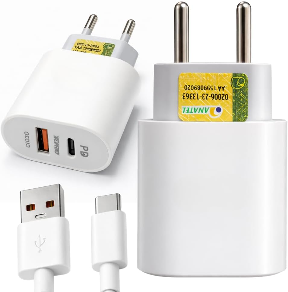 Kit Carregador Turbo 45W USB-A + USB-C PD com Cabo Tipo-C – Carregador Rápido Dual Port para iPhone 15 16 17, Samsung Galaxy, Xiaomi, Motorola, Tablets e Android