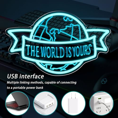 Image of The World Is Yours Neon Sign Motivational Blue LED Neon Light for Classroom | Dimmable Motivational Neon Light for Bedroom Man Cave Wall Decor Unique Birthday Christmas Gift for Kids, Teens, Adults