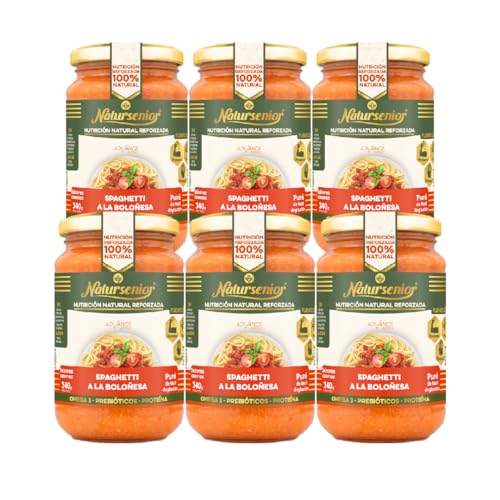 Natursenior - Pack x6 Puré de Spaghetti a la Boloñesa fuente de Omega 3 DHA, Fibra y Proteína - Comida Natural Triturada para Adultos - Platos caseros y enriquecidos - 6x 340g