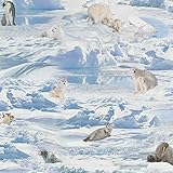 Hans-Textil-Shop Stoff Meterware Antarktis Südpol Nordpol Tiere - Eisbären, Schnee, Pinguine, Seelöwen, Robben, Kinder, Deko, Tischdecke, Vorhänge, Kissen, Nähen, Basteln, DIY