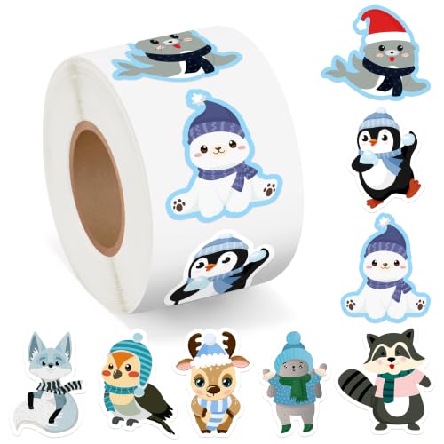 500Pcs Winter Animal Stickers Roll Cartoon Arctic Polar Bear Penguin Self Adhesive Labels