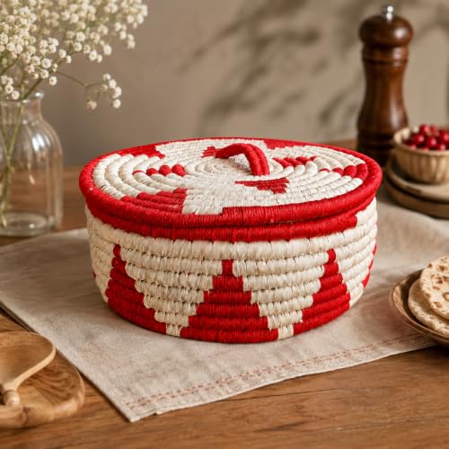 Image of Handmade Sabai Grass Date Palm Roti Box with Wooden Knob (RED TRIANGLE)
