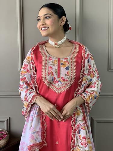 Image of Naixa Women's Pure Cotton Embroidered Straight Kurta with Pant and Dupatta Sets for Wedding and Festival Wear