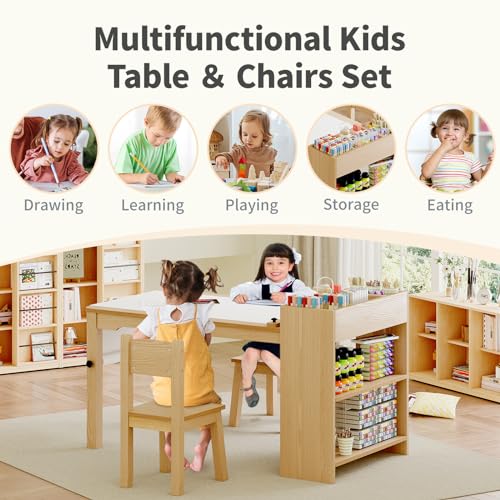 Kids Art Table, Wooden Kids Craft Table for Playroom, Kids Activity Table with 2 Chairs, 4 Storage Baskets, 2 Rows of Storage Racks and Paper Rolls (Wood) - Thumbnail 5