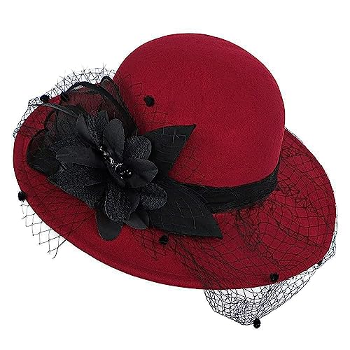 Hinyboeh Womens Wide Brim Bowler Fedora Hat Vintage Felt Floppy Fascinator Hat With Veil Winter Kentucky Hat Derby Wedding Party Hat Dark Red cover