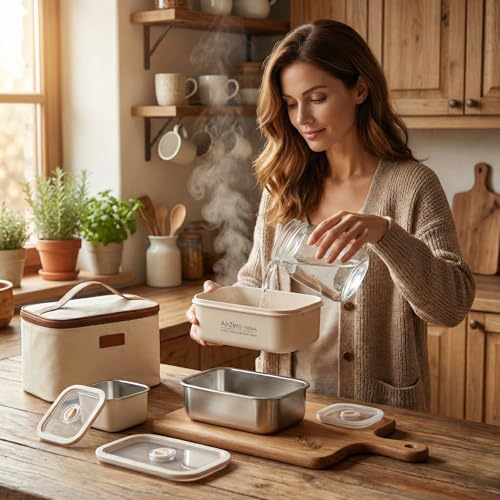 Image of Lunch Box Stainless Steel Leakproof Insulated Tiffin Box with Thermal Bag, 2750ML Large Capacity 3-Container Meal Prep Lunch Box for Office School Travel, Beige