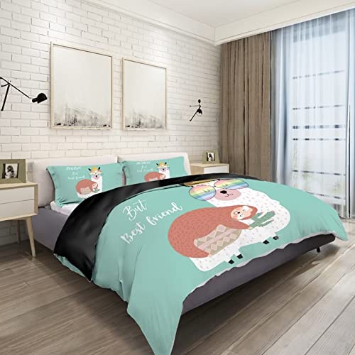 Bigcarjob Kids Duvet Cover Set Queen Size Funny Alpaca Sloth Print Bedding Set Boys Girls Cute Bedding Quilt Cover Set With 2 Pillow Shams,Soft Comforter Cover Set With Zipper Closure #TOP2