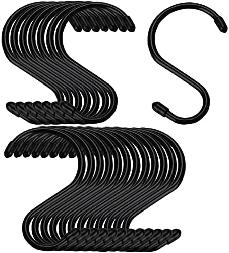 20 Pack 3 inch Small S Hook, Vinyl Coated S Hooks with Rubber Stopper Non Slip S Hook, Steel Metal Black Rubber Coated Closet S Hooks for Hanging Jeans Plants Jewelry Pot Pan Cups Towels, Black