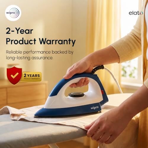 Image of Wipro Elato GD 104 Glide Automatic Electric Dry Iron 1000 Watt With LED Indicator | Anti Bacterial German Teflon Coated Soleplate | Temperature Control | Quick Heat Up - 1000 Watts, White with Blue.
