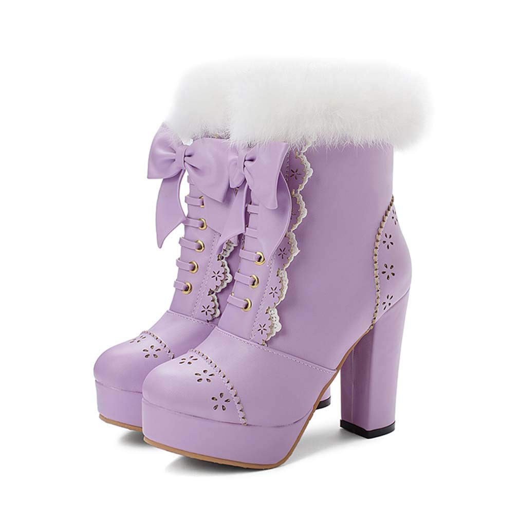 Elyffany Womens Sweet Party Lolita Shoes Platform Chunky High Heel PU Lace up Bow Ankle Boots