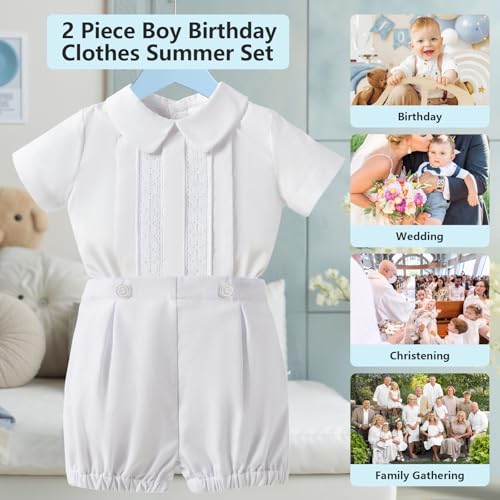 Booulfi Baptism White Suit for Baby Boys Christening Wedding Formal Suit Birthday Outfits Shirt Suspender Pant for Boys3