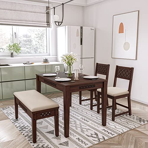 Wakefit Dining Table 4 Seater | 3 Years Warranty | Sheesham Wood | Dining Table, Dining Table 4 Seater with Chairs and Bench, 4 Seater Dining Table – Fanila (with Cushion, Omega Pearl, Classic Brown)