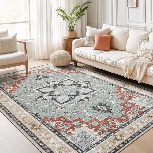 Lofus 6x9 Area Rugs for Living Room, Floral Washable Area Rug for Bedroom, Office, Dining Room, Non-Slip Vintage Boho Rug, Low-Pile Soft Carpet, Traditional Oriental Style, Beige Orange