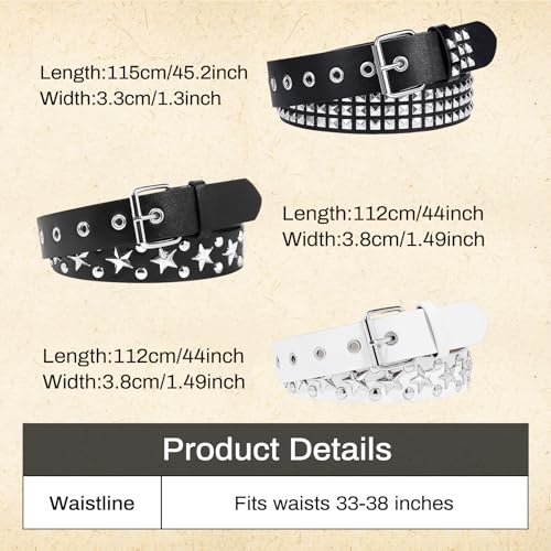 3 Pcs Black White Star Belt Studded Y2K Belt Punk Rock Belts with Grommet Threads Bright Metal Pyramid Gothic Belts for Women Men3