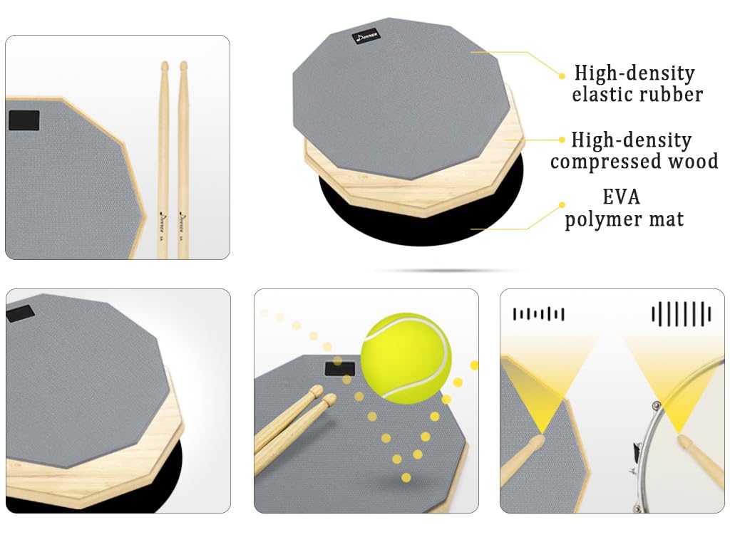 Silent Drum Practice Pad,Pad per Allenamento da 12 inch,Pad per Batteria Silenzioso,Drum Pad in Gomma,Double-Sided Silent Drum Pad con Base in Legno per Batteristi Principianti Grigio