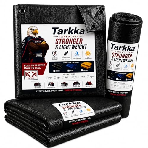 Image of Tarkka 18x15ft Black Tarpaulin Sheet, 120 GSM Virgin Waterproof Tirpal /Tadpatri Cover with Reinforced Eyelets & UV Protection for Home, Farm & Truck, 2 Sheets