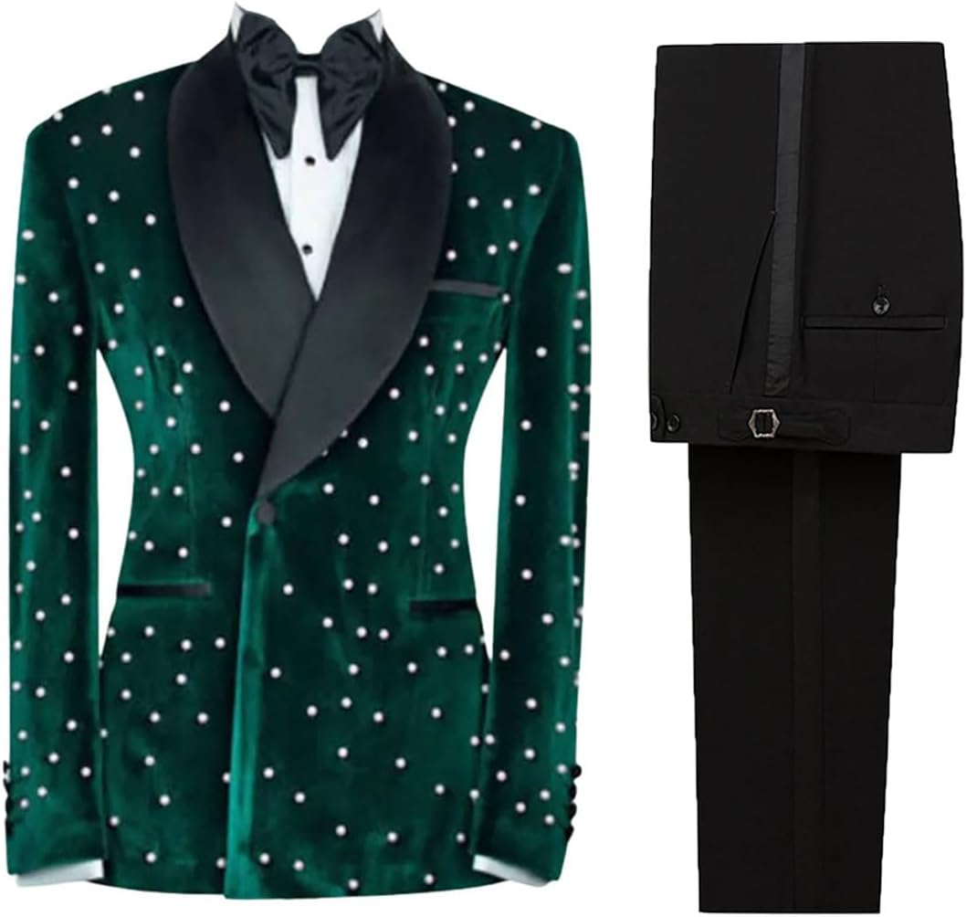 Men's Velvet Tuxedo Suit 2 Pieces Blazer with Full of Peals and Black Trousers