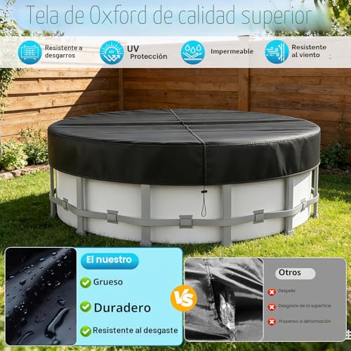 Miniatura 3 de Cubierta Para Piscina Redonda Ø365, Para Piscinas Ø320-363 Cm, Lona Para Piscina Con Cordón Y Estacas, Oxford Lona Piscina Con Protección Uv, Hermética Al Polvo, Para Piscinas Elevadas Y Trampolines