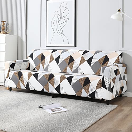 Image of HOKIPO Elastic Stretchable 4 Seater Sofa Cover, Grey Brown Geometric (AR-4096-D9)