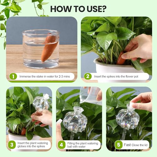 Meonum 4 Pcs Top Fill Plant Watering Globes, Rainbow Glass Self Water Bulbs with Non Clogging Terracotta Spikes, Automatic Watering Globes for Indoor Outdoor Plants, Vacation Planting Water Devices