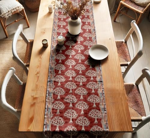 Cotton Twill Table Runner by Vargottam - Handcrafted Tree Pattern - 14” Wide Washable Table Runner for Kitchen, Living Room & Events - 72" inch Long
