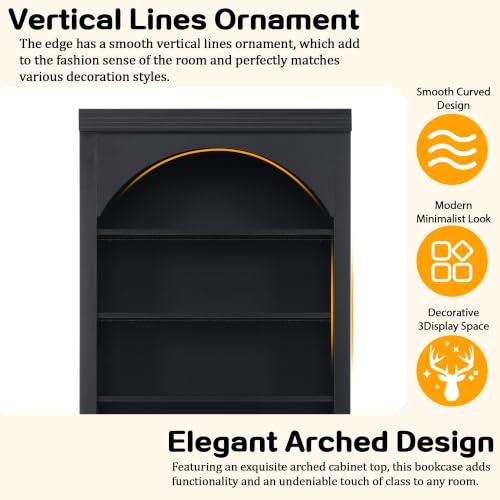 Image of Tall Bookshelf with Rattan Doors&4-layer LED Lightings (Black Rattan) | Modern Bookcase with Rattan Doors and Open Adjustable Shelves,Storage Bookshelf for Living Room,Home Office