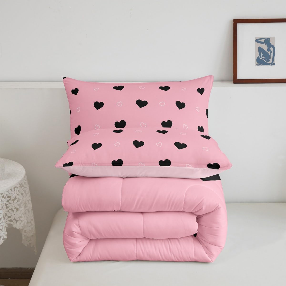 jejeloiu Heart Love Comforter Set Toddler Size Black Bedding Set for Kids Boys Girls Decor Love Print Duvet Quilt Romantic Bedroom Decor