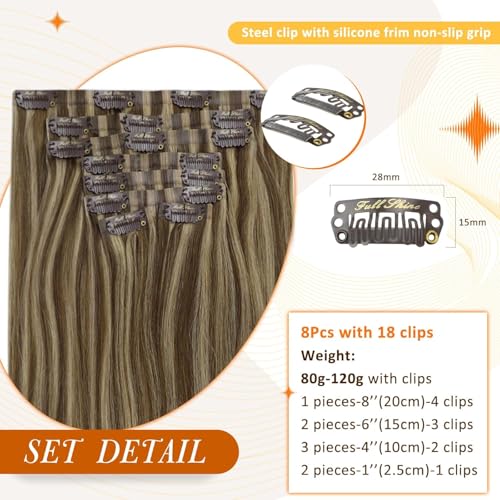 Image of Full Shine Clip in Human Hair Extensions 16 Inch Dark Brown with Honey Blonde Highlights Straight Seamless Human Hair Clip in for Women Add Volume 8 PCS 120 G | Balayage Ash Brown to Honey Blonde, Straight, Seamless Ultra-Thin Weft, Adds Volume, Heat Styling, Daily Wear, 8 Pcs 120g
