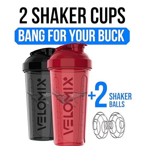 Image of VELOMIX -2 Pack- 28 oz Protein Shaker Bottles for Protein Mixes - 2x Wire Whisk | Leak Proof Shaker Cups for Protein Shakes and Pre Workout | Protein Shaker Bottle Pack (B1) Red /Black