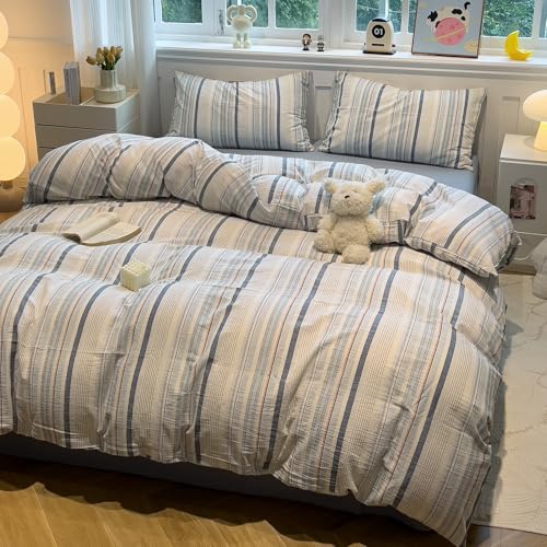 Image of mixinni Vintage Blue and White Striped Duvet Cover Set King - 100% Washed Cotton 3 Piece Bedding Set with Geometric Pattern, Soft Breathable Comforter Cover with Zipper Closure & Corner Ties