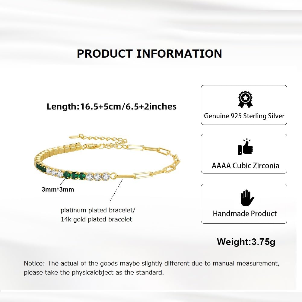 Platinum/14k Gold Plated 925 Sterling Silver Paperclip Link Chain Bracelet & Cubic Zirconia Tennis Bracelet for Women, Infinite Adjustable CZ Bracelets - Image 2