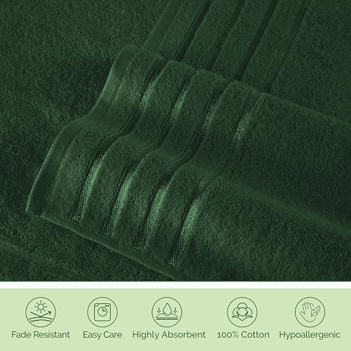 Image of Elegant Comfort 100% Turkish Cotton 4 Lines Viscose Stripe Luxury 4 Pack Hand Towel Set - Ultra Absorbent and Soft 16 x 28 Inch Premium Hotel Spa Quality Towels for Everyday Bath Use, Hunter Green