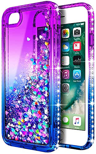 Ngb Compatible For Iphone 6 6S 7 8 Case, Iphone Se 3 2022/Iphone Se 2 2020 Case With Tempered Glass Screen Protector, Ring Holder, Girls Women Kids Liquid Glitter Tpu Cute Case (Purple/Blue) #TOP2