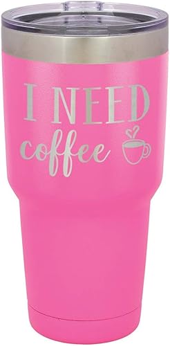I NEED COFFEE - Vaso rosa de 30 onzas con popote y tapa superior deslizante Taza de viaje de acero inoxidable Comparar con Yeti Rambler