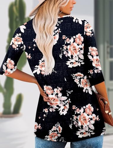 KISSMODA Tunic Tops for Women Loose Fit Dressy Round Neck Pleated 3/4 Length Sleeve Spring Tops
