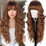 Lativ Auburn Wig with Bangs Long Wavy Ginger Wig Natural Looking Heat Resistant Synthetic Curly Full Wigs for Women Daily Use 26 Inches