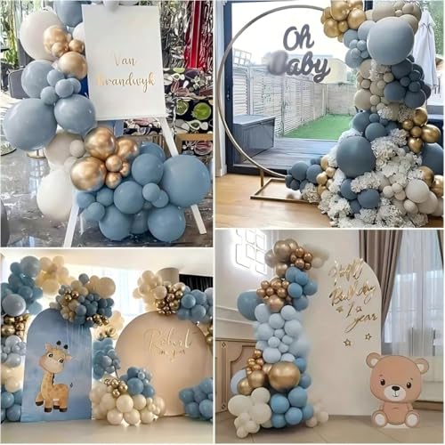 Image of 12 Inch 60pcs Dusty Blue Balloons White Sand Metallic Gold Confetti Party Balloons Light Baby Blue White Gold Latex Balloon for Boy Baby Shower Birthday Wedding Party Decoration