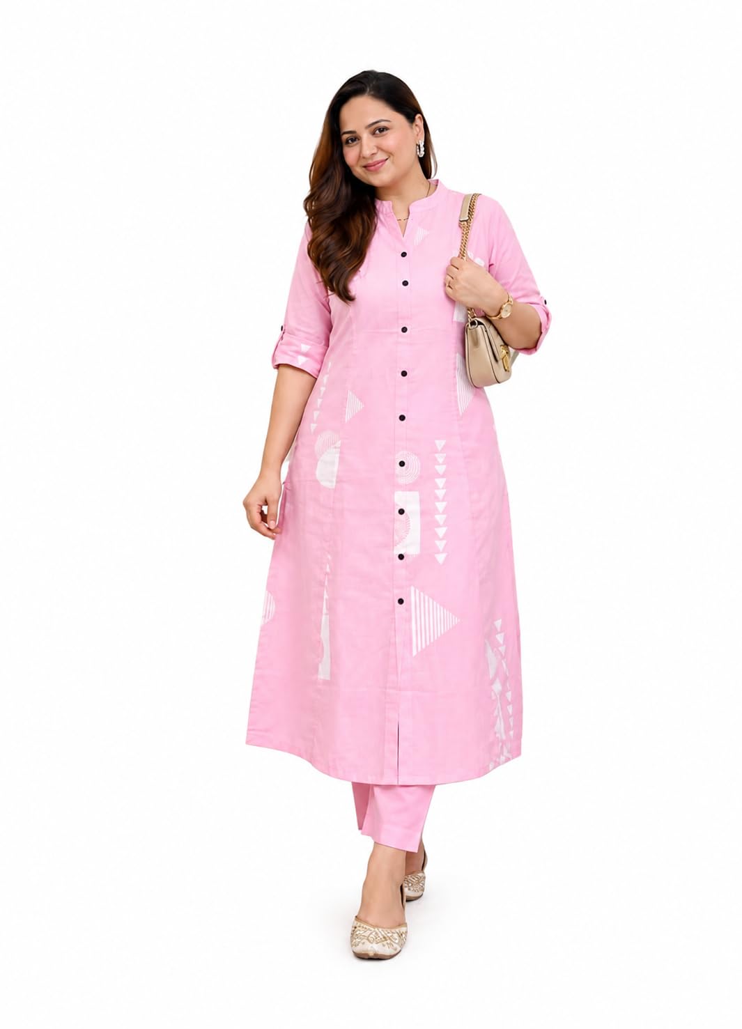 Women's Pink Cotton Kurta Pant Set with Geometric Print, Round Neck, 3/4 Sleeves, Straight Fit Ethnic Kurta with Matching Pants, Comfortable Casual Wear-image-34