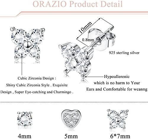 ORAZIO 3 Pairs of 925 Sterling Silver Butterfly Earrings for Women Heart Sparking Cubic Zirconia Stud Earrings Fashion Handmade Jewellery Gift Sets for Girls Hypoallergenic Stud Earrings